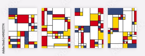 Abstract geometric art posters. Mondrian inspired graphic posters, contemporary canvas for wall decor. Modern vector illustration