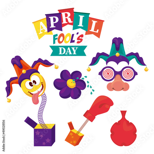 april fools day lettering with six icons