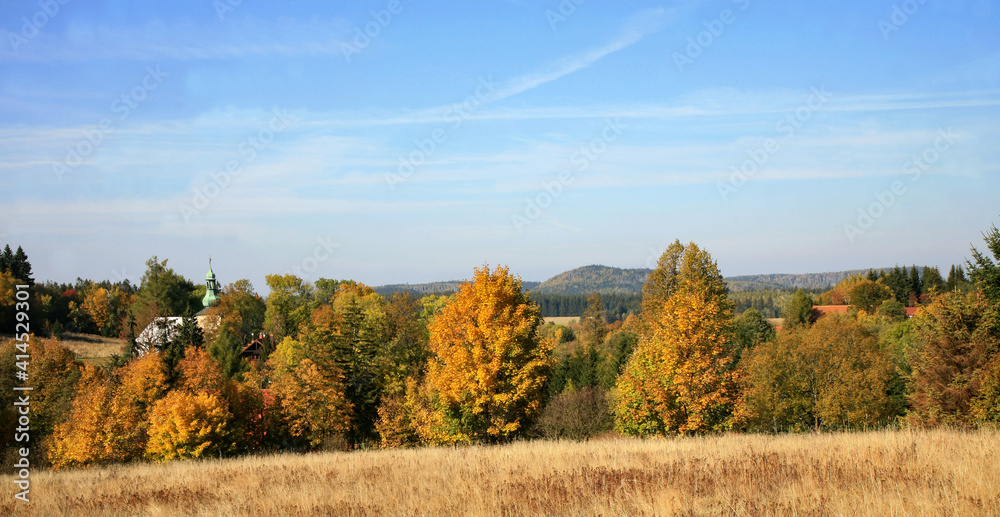 Fototapeta premium Autumn’s view on small picturesque village Pasterka in Table Mountains, Stolowe Mountains in Poland. Europe. 