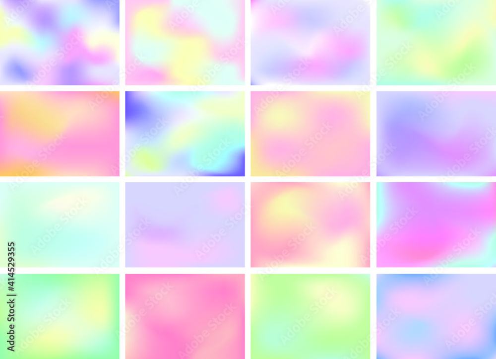 Set of abstract blurred gradient backgrounds. Creative modern concept, vector illustration. Holographic spectrum for the cover.
