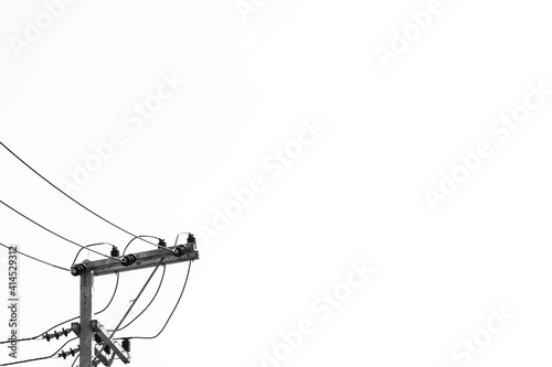 Electric pole and power lines on white background