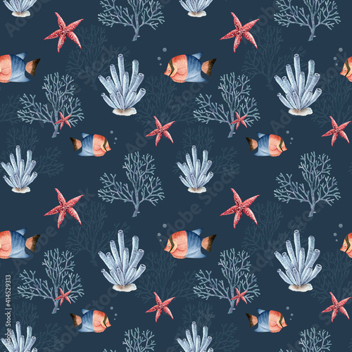 seamless pattern in marine style with colorful fish and corals on a blue background, illustration watercolor hand painted