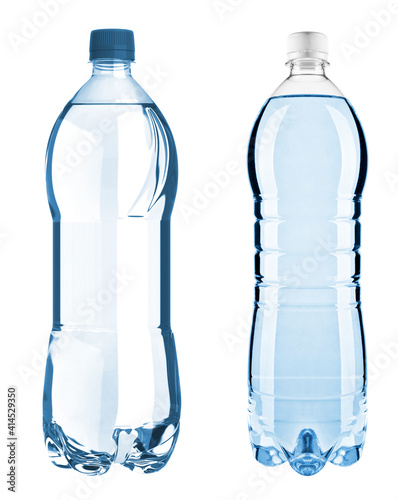 blue bottles with water isolated on the white background with clipping path.