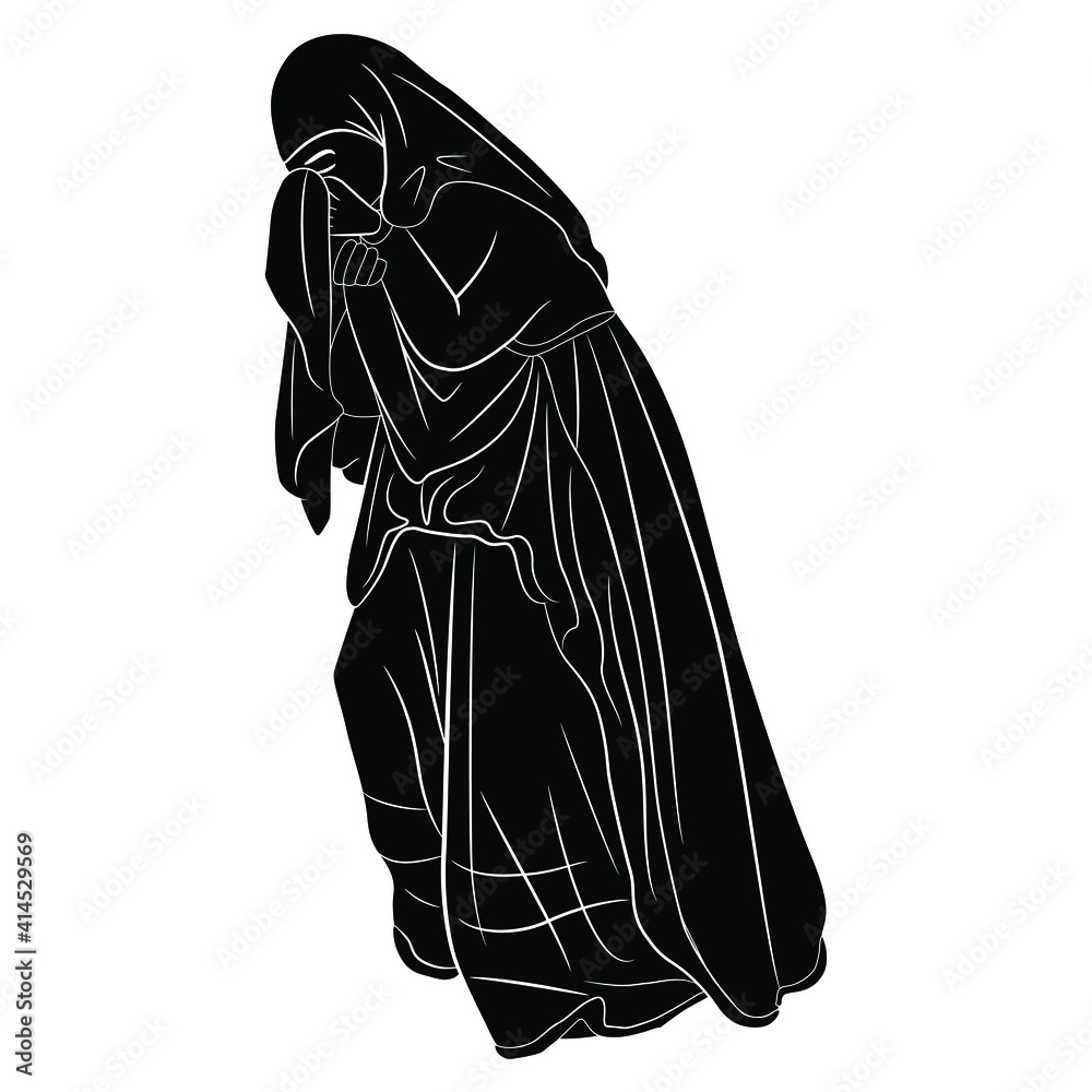 Crying or weeping medieval woman. Black and white silhouette. Isolated ...