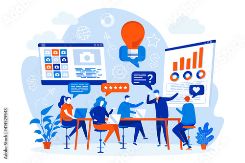 Focus group web design concept with people. Business people meeting scene. Collective discussion and feedback composition in flat style. Vector illustration for social media promotional materials.