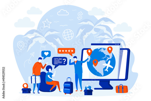 Travel agency web design with people characters. Tour manager consulting clients scene. Flight booking service composition in flat style. Vector illustration for social media promotional materials.