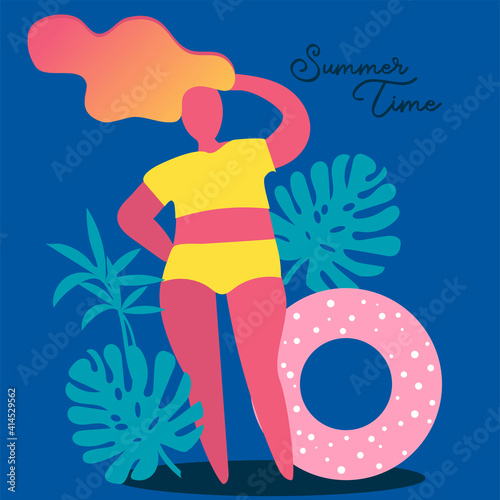 Vector abstract illustration of daylight saving time. Beautiful girl on vacation. A girl on the sea. Summer party. Hello, summer posters in vector.