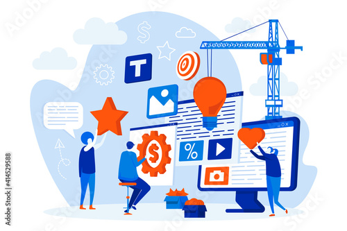 Creative agency web design with people characters. Designers team working on project scene. Creative process composition in flat style. Vector illustration for social media promotional materials.