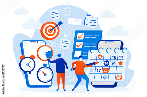 Mobile organizer web design with people characters. People use mobile organizer app scene. Work tasks management composition in flat style. Vector illustration for social media promotional materials.