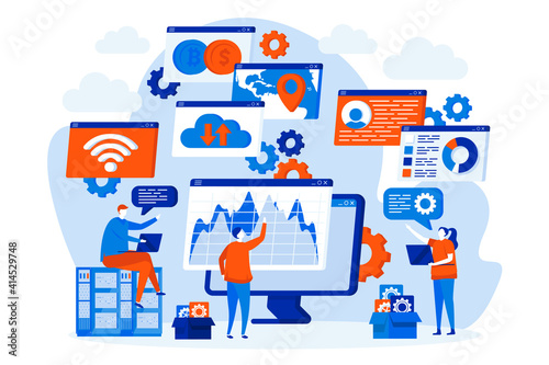Cyberspace management concept with people. Network administrators scene. Digital security and network management composition in flat style. Vector illustration for social media promotional materials.