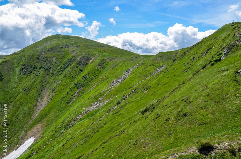 Green mountain landscape with highest ridge of Ukrainian Carpathians, Chornohora at sunny summer day