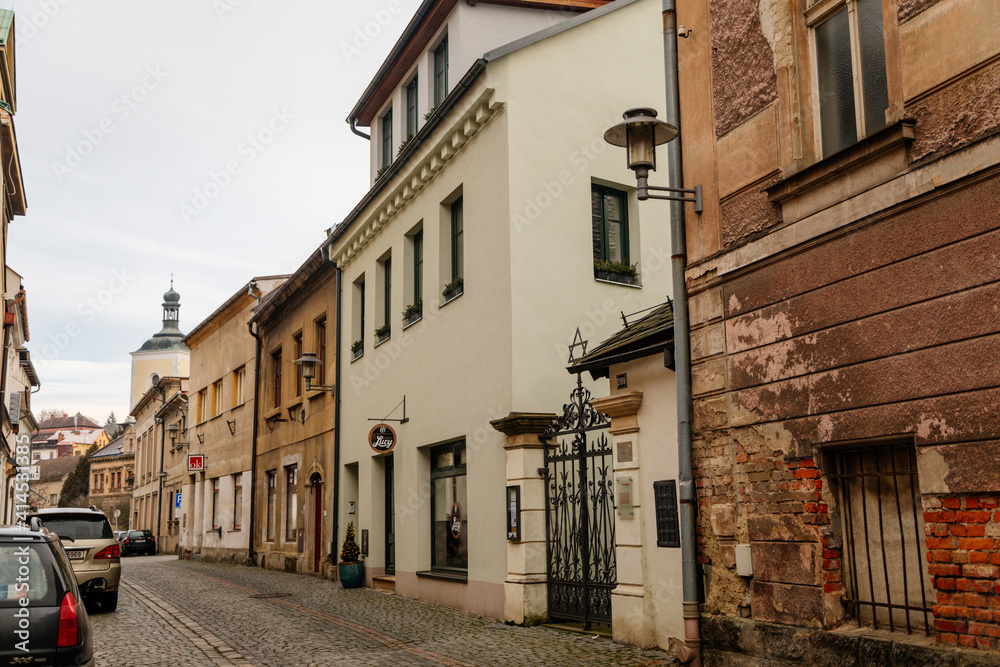Late baroque synagogue in Jewish Quarter, picturesque street with baroque and renaissance historical buildings, cityscape of medieval town, Bohemian Paradise, Turnov, Czech Republic