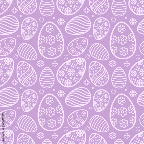 Easter seamless Patterns set in pastel purple color. Eggs with ornament pattern design collection. Endless texture for web page, picnic tablecloth, wrapping paper. Pattern templates in Swatches panel.