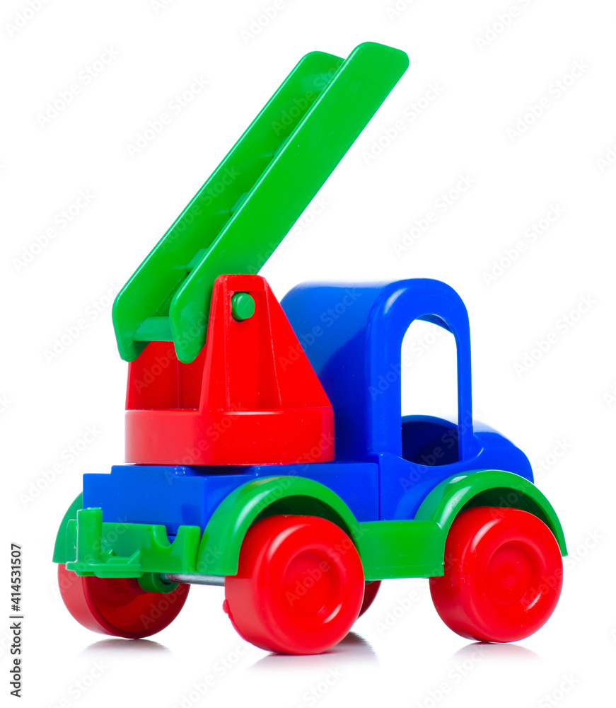 plastic toy car with a ladder on white background isolation