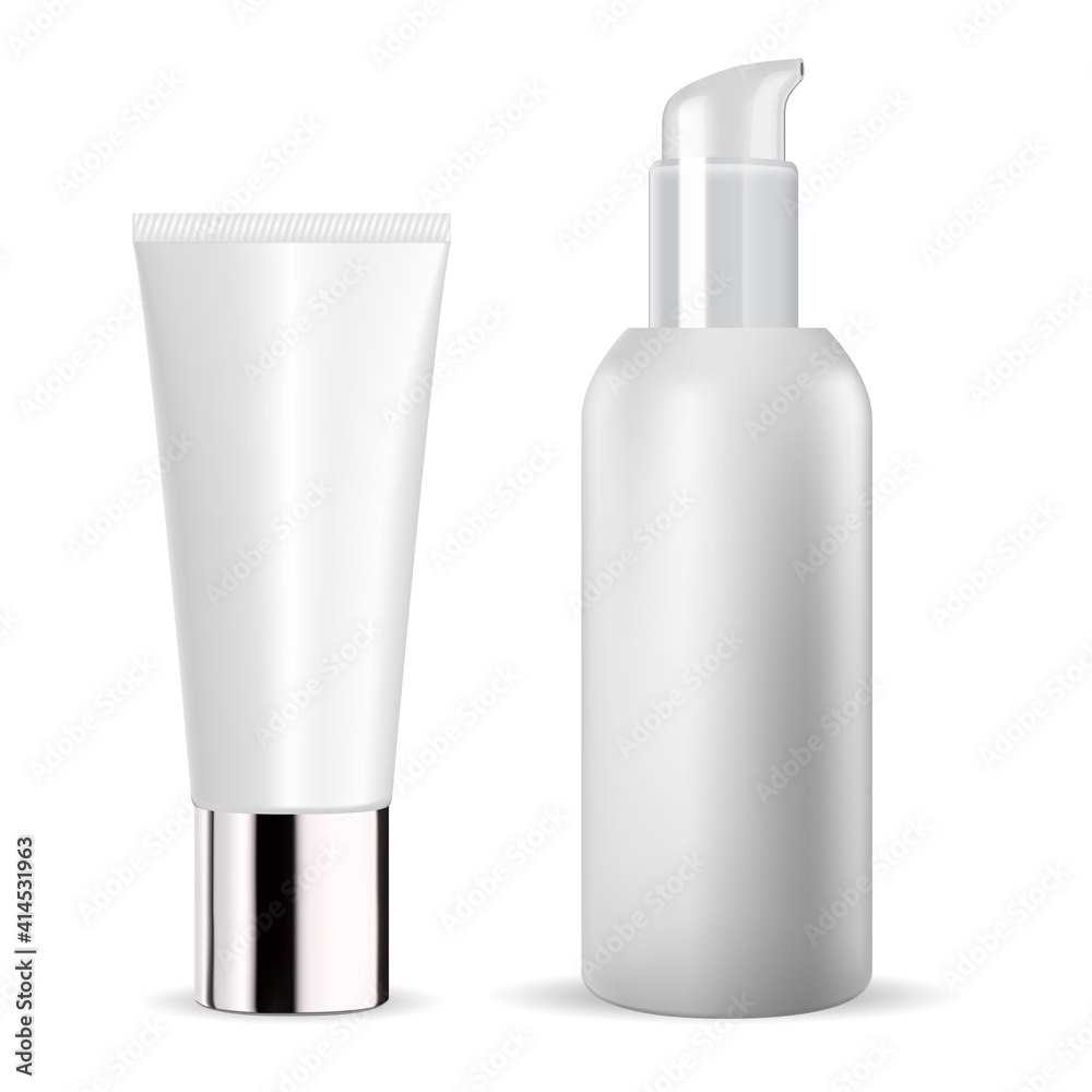 White cosmetic bottle. Cream tube vector mockup. Cosmetic serum package template mock up blank. Toothpaste packaging design. body ointment flacon. Face moisturizer essence dispenser White cosmetic bottle. Cream tube vector mockup. Cosmetic serum package template mock up blank. Toothpaste packaging design. body ointment flacon. Face moisturizer essence dispenser