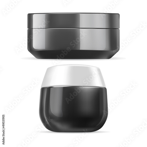 Cream jar. Cosmetic cream container black plastic vector template, isolated. Face scrub package blank mockup. Round glossy butter packaging, small pack. Facial creme canister