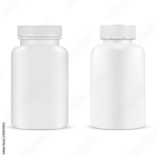 Pill bottle. Plastic supplement container vitamin capsule jar isolated, 3d mockup. Medical tablet product template. Prescription medication packaging design. Pillbox, antibiotic cure. Medicine package