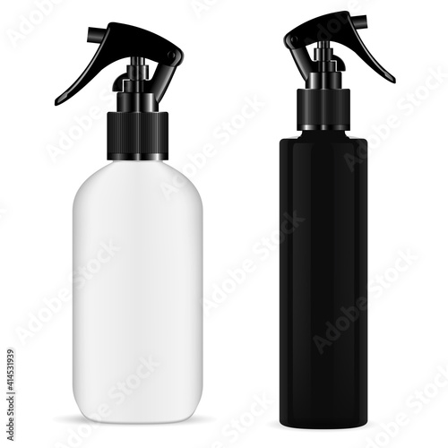 Spray bottle trigger. Cosmetic pistol sprayer mockup. Kitchen cleaner flask. Realistic hair sprayer, aromatic scented essence flacon, organic naturopathy. Pump flask photo