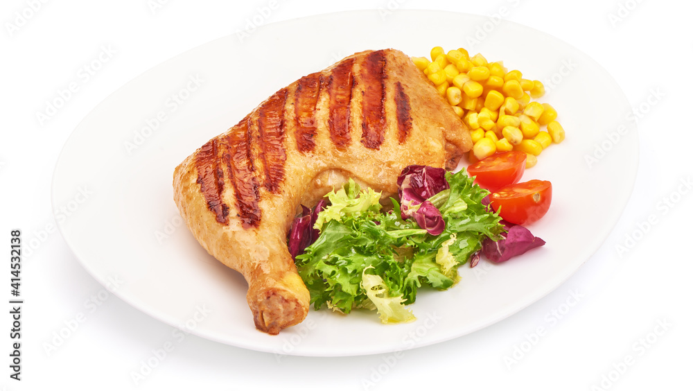 Grilled chicken legs with mix salad, isolated on white background