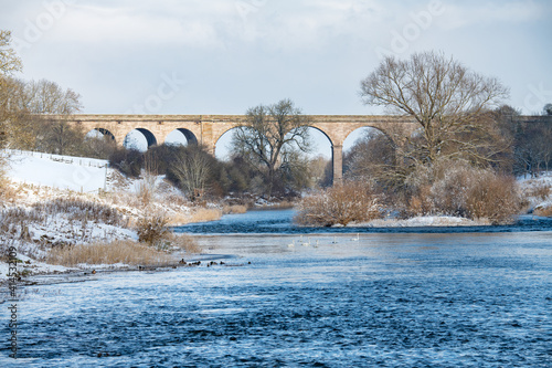 Roxburgh Viaduct over the Teviot River in winter snow, Scottish Borders photo