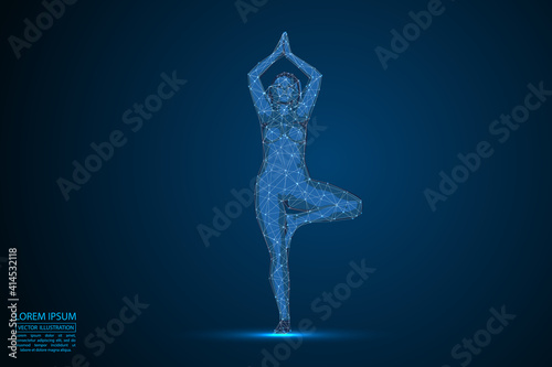 Woman yoga fitness. Abstract consists 3d of triangles, lines, dots and connections. On a dark blue background cosmic universe stars. Vector illustration eps 10.
