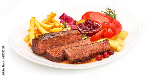 Grilled beef steak, medium rare steak, isolated on white background