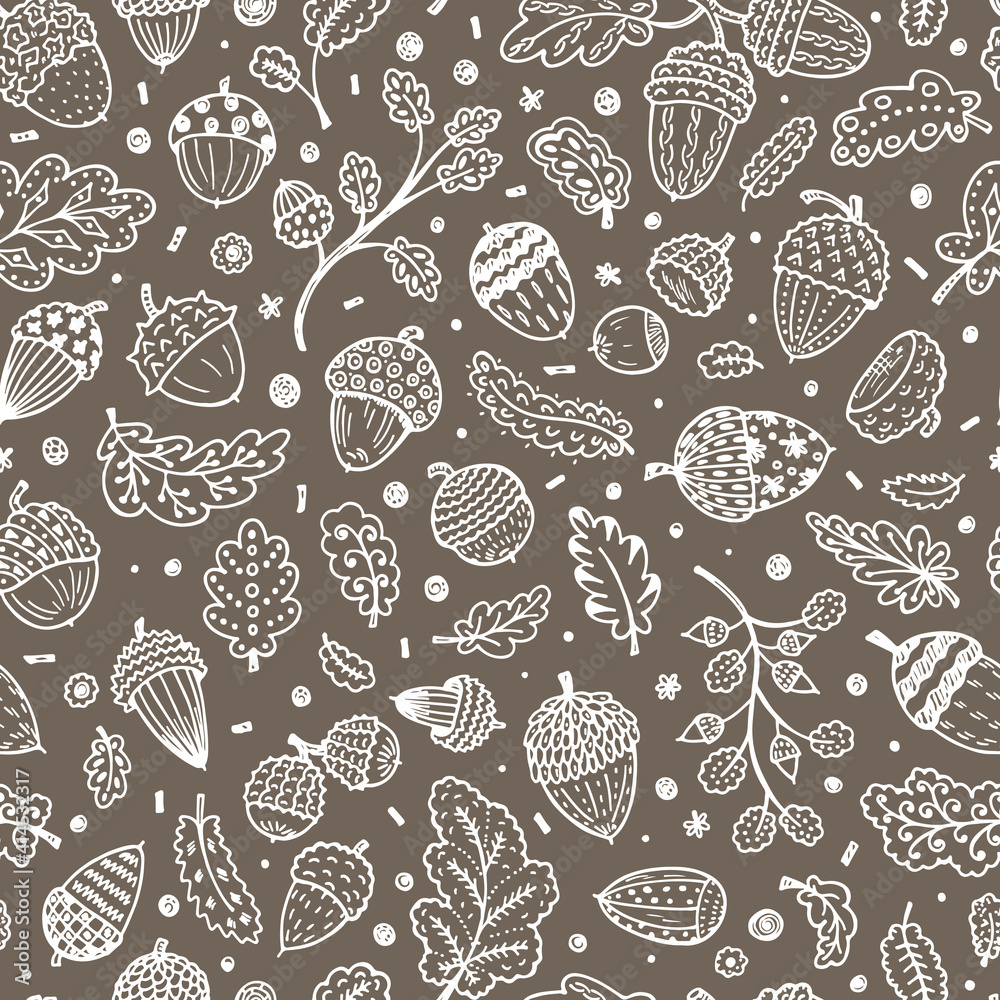 Forest autumn background. Ornamental Acorns and oak leaves vector seamless pattern. Hand drawn doodle acorn, leaf, oak
Forest autumn background. Ornamental Acorns and oak leaves vector seamless pattern. Hand drawn doodle acorn, leaf, oak