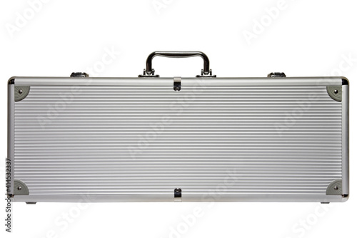 Big Silver metal briefcase isolated against a white background