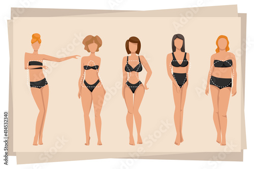 Women in lingerie showing different body shapes. Female body types: apple, pear, triangle, rectangle, sand molds. Vector illustration.