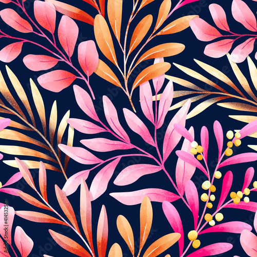 Seamless tropical leaves pattern. Digital hand painting botanical elements. Trendy floral illustration for surface design  fabric  fashion  wallpaper.