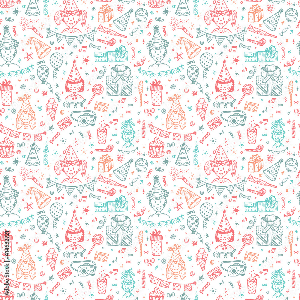 Holiday seamless pattern. Celebratory background with Hand Drawn Doodle children, sweets, bunting flag, balloons, gifts, festive paper caps, festive attributes. Colorful Wallpaper for kids
