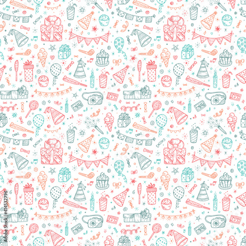 Holiday seamless pattern. Celebratory seamless background with Hand Drawn Doodle sweets, bunting flag, balloons, gifts, festive paper caps, festive attributes. Colorful Wallpaper for kids 