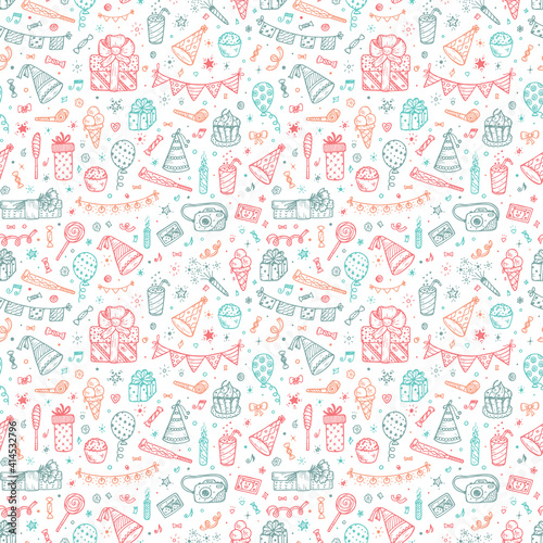 Holiday seamless pattern. Celebratory seamless background with Hand Drawn Doodle sweets, bunting flag, balloons, gifts, festive paper caps, festive attributes. Colorful Wallpaper for kids
