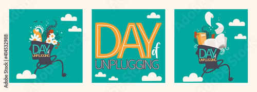 Day of Unplugging. Set of vector illustrations and lettering. Human head with books inside. Human head with flowers growing inside. Digital detox. Vector multicolor illustration isolate.
