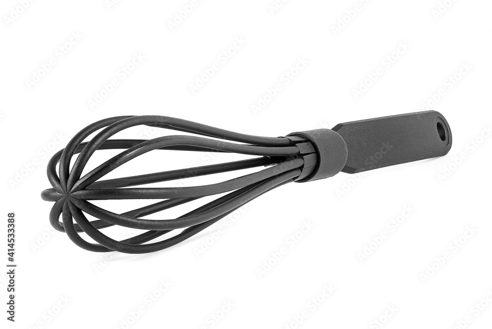 Black manual hand egg beater isolated on a white background. Black kitchen whisk. Black manual hand egg beater isolated on a white background. Black kitchen whisk.