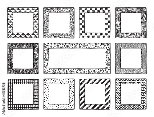 Black and white patterned frames Vector set. Hand Drawn doodle Frames with abstract ornaments for Photo, Pictures or Text 
