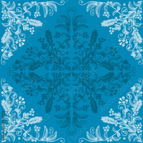 white and grey ymmetrical decorated pattern on blue with abstract curls