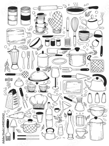 Cooking classes and Kitchen utensil set, cooking stuff for menu decoration. Vector collection of isolated objects. Icons in sketch style. Hand drawn kitchenware and cutlery on white background