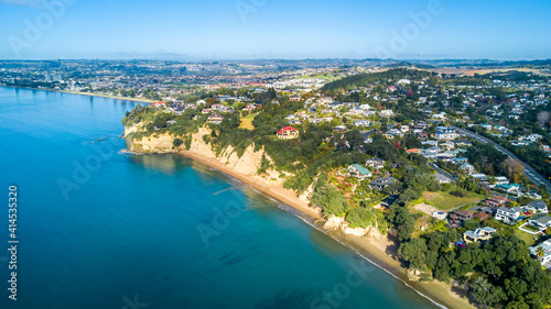 Aerial view of a beautiful suburb on the shore of a quiet harbour on a sunny morning. Auckland, New Zealand © Dmitri