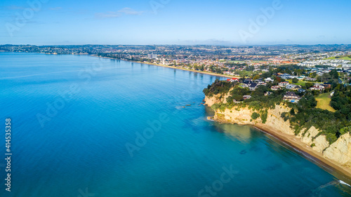 Aerial view of a beautiful suburb on the shore of a quiet harbour on a sunny morning. Auckland, New Zealand. © Dmitri