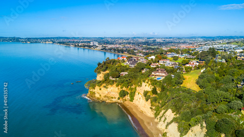 Fototapeta Naklejka Na Ścianę i Meble -  Aerial view of a beautiful suburb on the shore of a quiet harbour on a sunny morning. Auckland, New Zealand