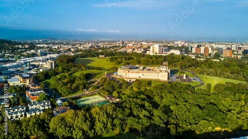 Aerial view of a green park with a beautiful building. Auckland, New Zealand