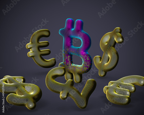 Digital 3D Bitcoin cryptocurrency logo surrounded by scattered golden fiat currencies signs on gray background. Concept of crypto investing and stock exchange trading. Vector illustration, EPS 10.