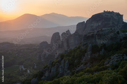 Landscape of Meteora Mountains, Greece, on a summer day at sunset