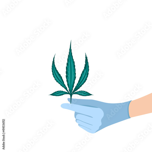 Hand holding medical marijuana leaf for hemp cbd oil production. Treatment with cannabis plant. Herbal alternative medicine concept. Vector illustration.