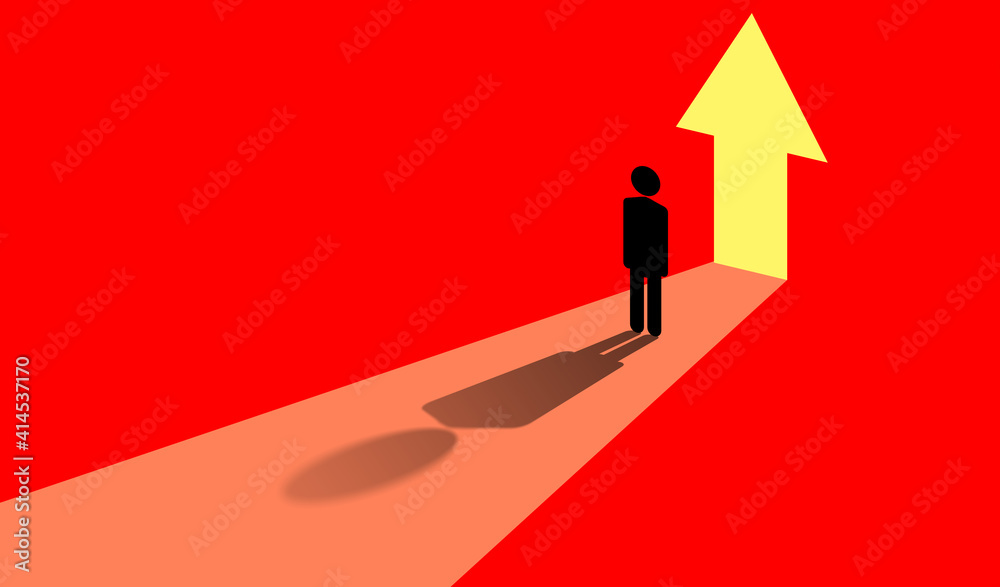 Fototapeta premium Personal growth concept. Up arrow next to person as a symbol of personal growth. Silhouette of a man on a red background. He dreams of personal and career growth. Up arrow symbolizes a decent future