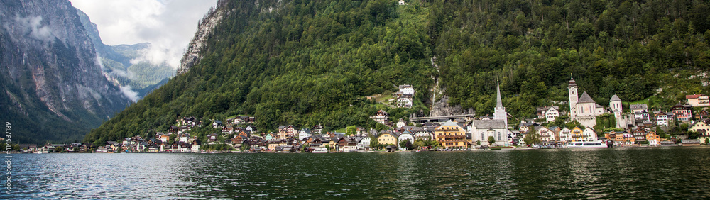 Europe, Austria, Hallstatt, Town of Hallstatt as seen from Lake Hallstatt which is part of the Salzkammergut Cultural Landscape, UNESCO World Heritage Site