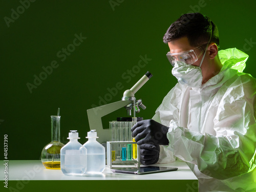 Virologist is wearing a res...