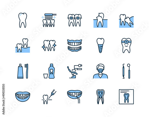 Dentistry flat line icon set blue color. Vector illustration symbol for dental clinic design. Included orthodontics, prosthetics treatment and care. Editable strokes.