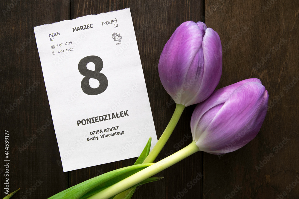 Naklejka premium Dzień Kobiet - 8 marca. Karta z kalendarza. Tulipany.